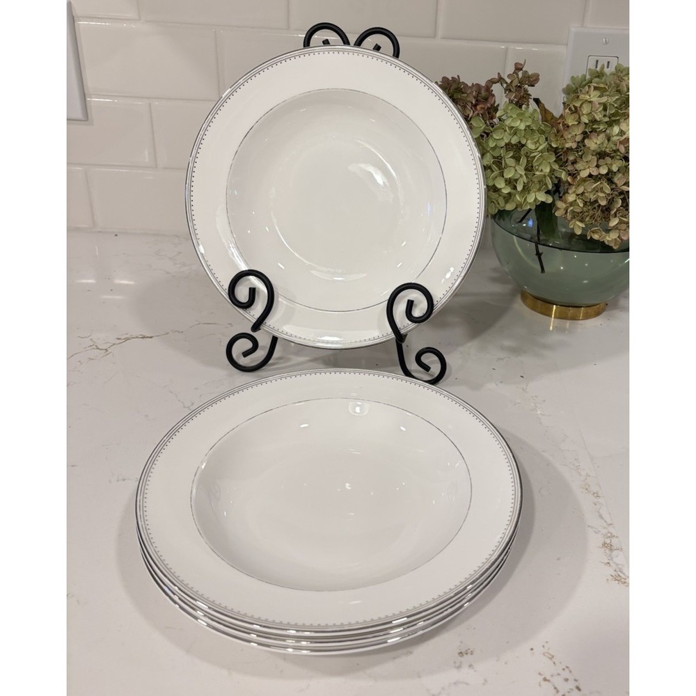 4-Wedgwood Vera Wang Grosgrain Rimmed Soup Plate Salad Bowl 9" Platinum Trim